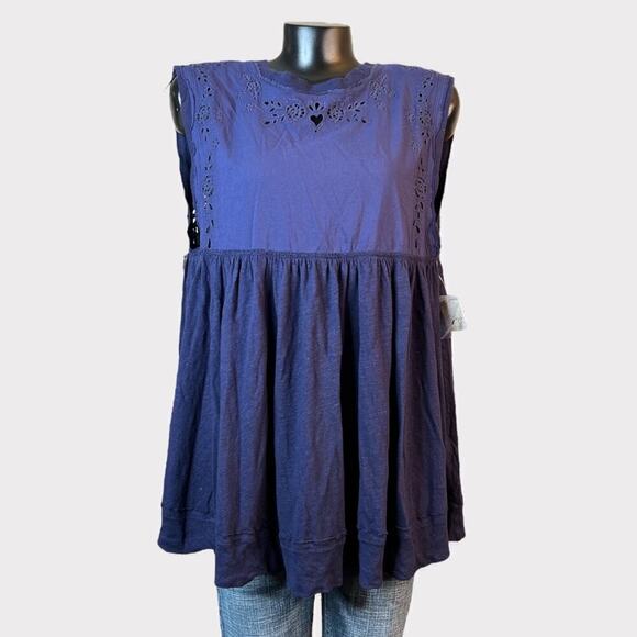 Free People NWT Womens S Bella Babydoll Top Blue Open Back Peasant High Neck - Picture 5 of 9